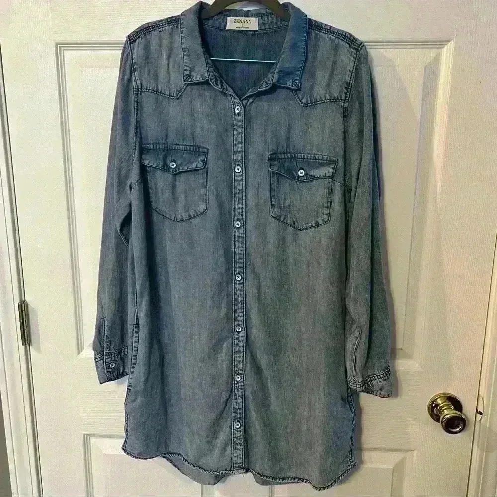 Zenana Women’s Denim Chambray Shirt Dress Size Large